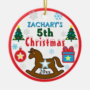 Boy 5th Christmas Horse Tree PHOTO Ceramic Ornament
