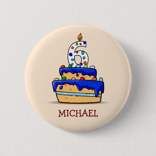 Boy 6th Birthday, 6 on Sweet Blue Cake Button (Front)