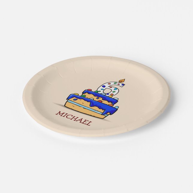 Boy 6th Birthday, 6 on Sweet Blue Cake Paper Plates (Angled)
