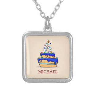 Boy 6th Birthday, 6 on Sweet Blue Cake Silver Plated Necklace
