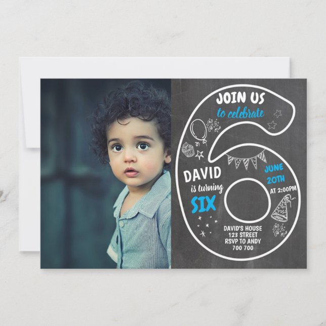 Boy 6th Birthday Chalkboard with Photo Number Blue Invitation (Front)