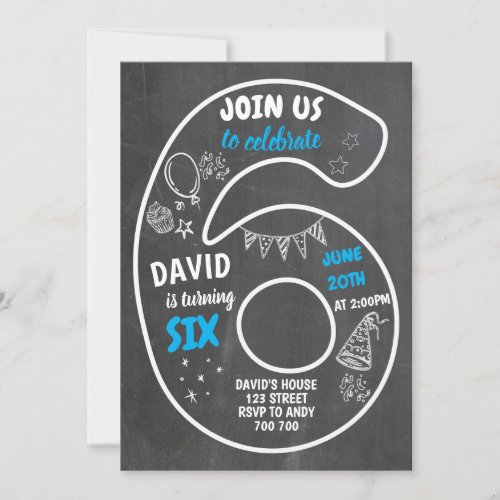 Boy 6th Birthday Sixth Chalkboard Number Blue Invitation