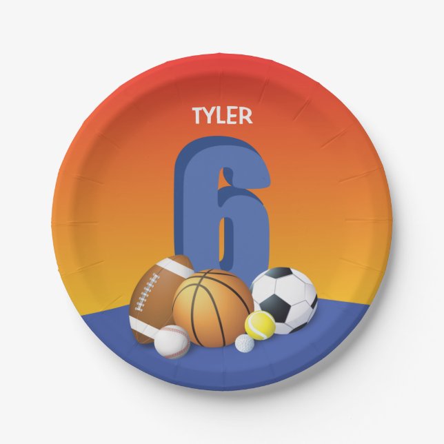 Boy 6th Birthday Sports Balls Paper Plates (Front)