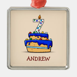 Boy 7th Birthday, 7 on Sweet Blue Cake Metal Ornament