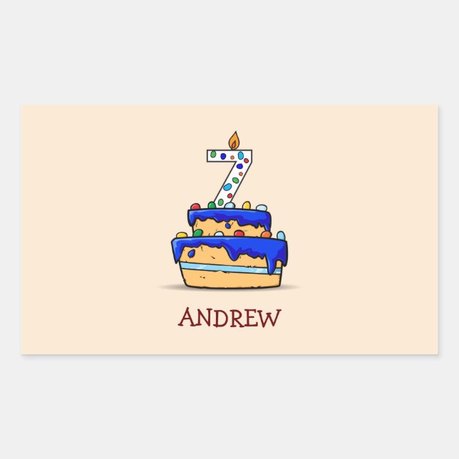 Boy 7th Birthday, 7 on Sweet Blue Cake Rectangular Sticker (Front)