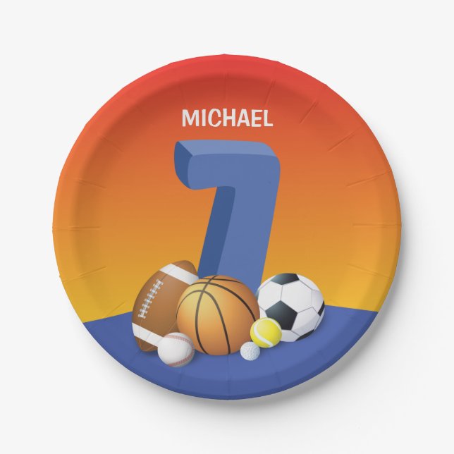 Boy 7th Birthday Sports Balls Paper Plates (Front)