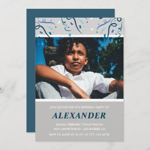 Boy 9th birthday invitations Confetti Photo Navy