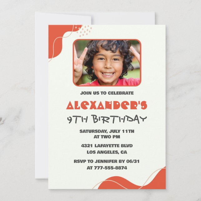 Boy 9th birthday invitations Modern Photo Red (Front)