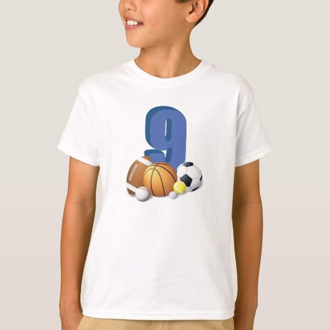 Boy 9th Birthday Sports Balls T-Shirt (Front)