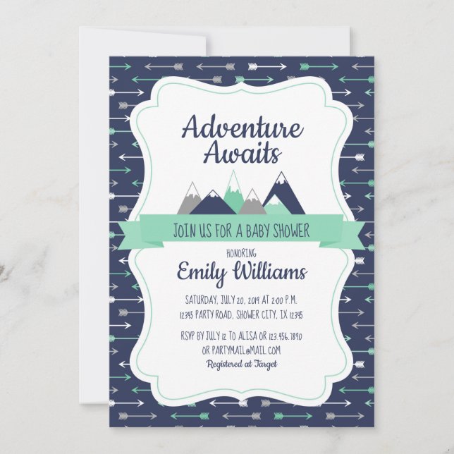 Boy Adventure awaits baby shower invitation (Front)