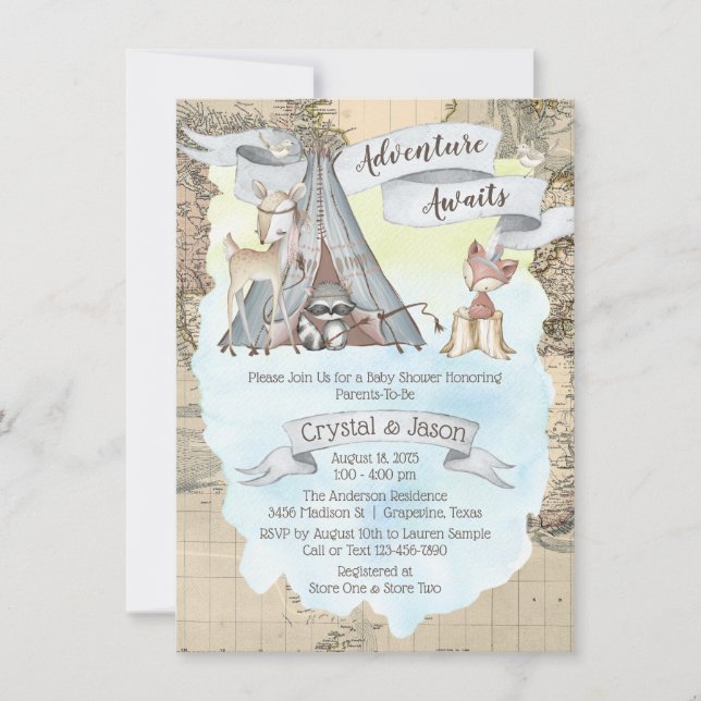 Boy Adventure Awaits Travel Map Baby Shower Invitation (Front)