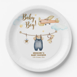 Boy Adventure Clothesline Airplane Sky Baby Shower Paper Plates