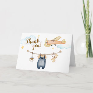 Boy Adventure Clothesline Airplane Sky Baby Shower Thank You Card
