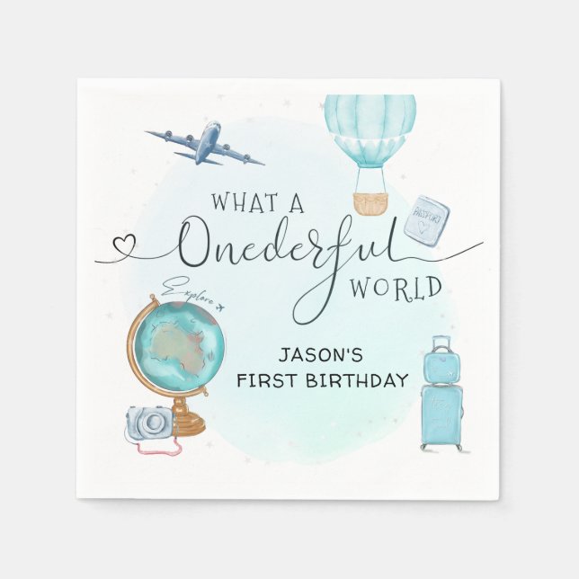 Boy Adventure ONEderful World 1st First Birthday Napkins (Front)