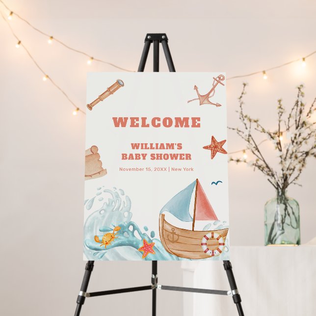 Boy Adventure Sailboat Baby Shower Welcome Sign (In Situ (Stand))