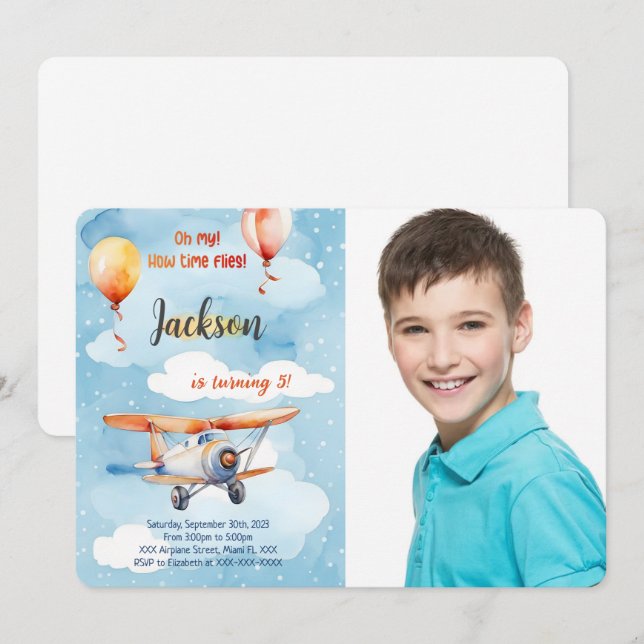 Boy Airplane Birthday Party Photo Invitation (Front/Back)