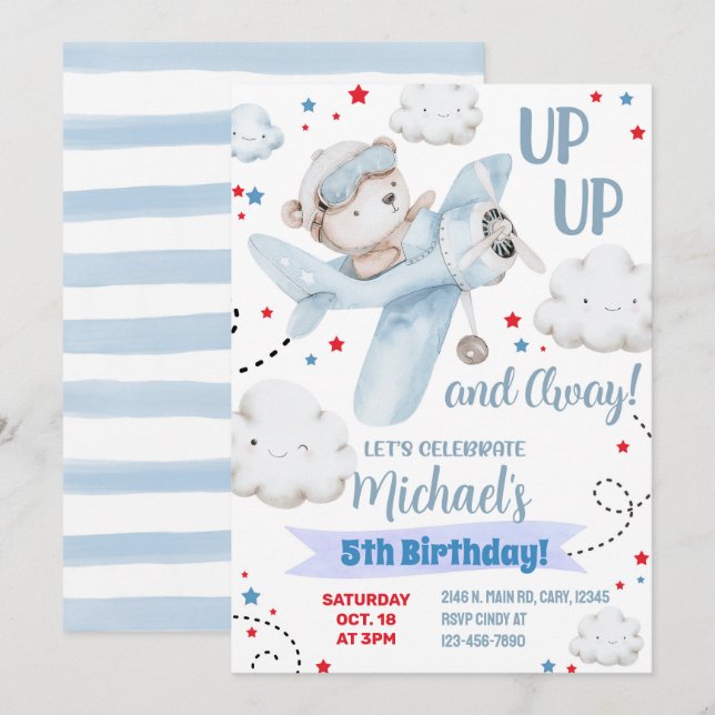 Boy airplane party invitation, bear plane birthday invitation (Front/Back)