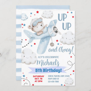 Boy airplane party invitation, bear plane birthday invitation
