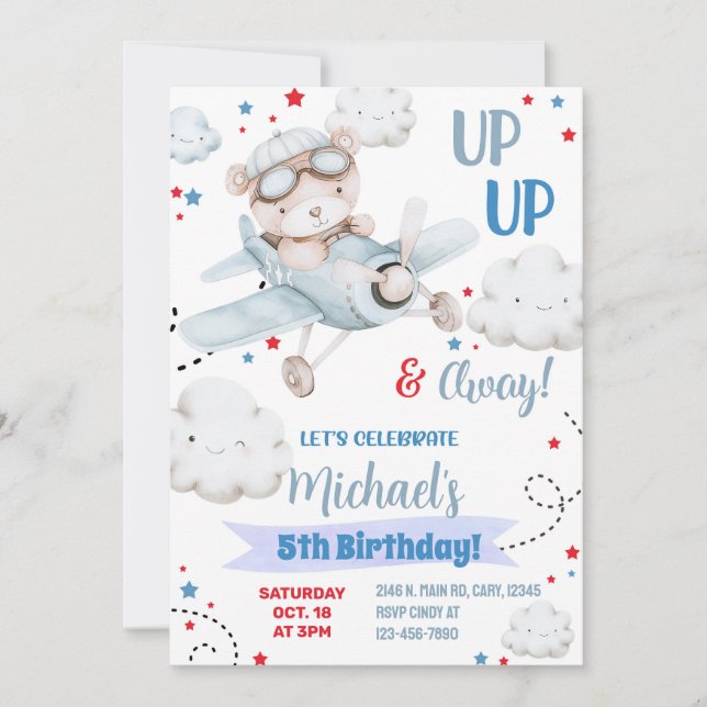 Boy airplane party invitation, bear plane birthday invitation (Front)