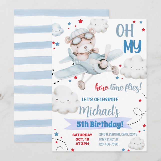 Boy airplane party invitation, bear plane birthday invitation (Front/Back)