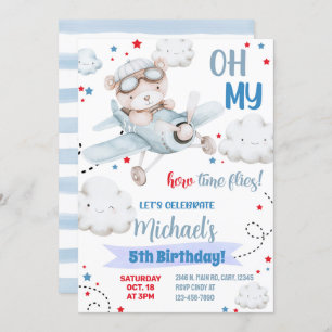 Boy airplane party invitation, bear plane birthday invitation