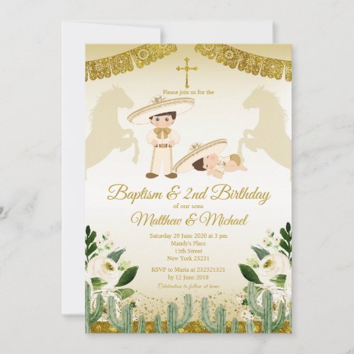 Boy and Baby White And Gold 2nd Birthday  Baptism Invitation