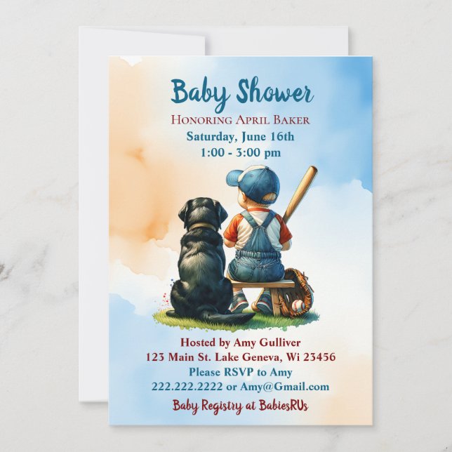 Boy and Black Lab Baseball Themed Baby Shower Invitation (Front)