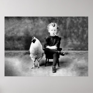 Boy and Chicken, Black and White, Funny Vintage Poster