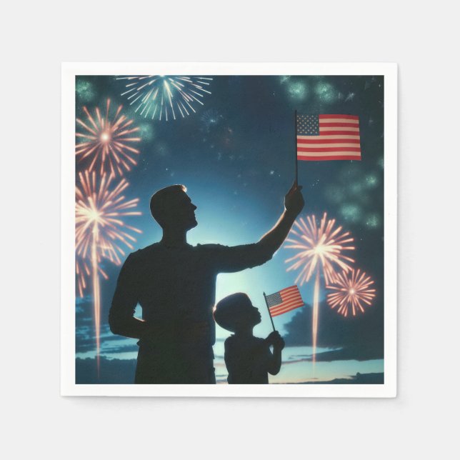 Boy and Dad With American Flags and Fireworks Napkins (Front)
