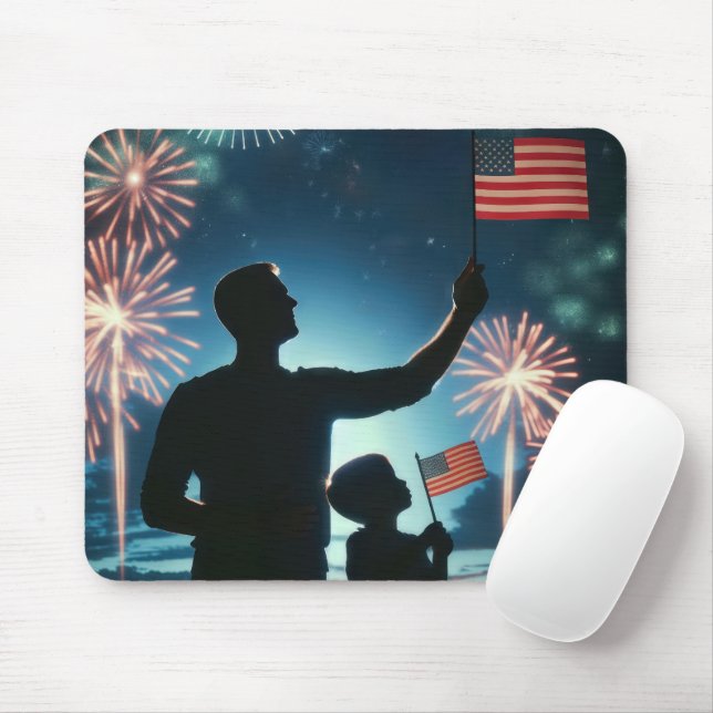 Boy and Dad With American Flags Mouse Pad (With Mouse)