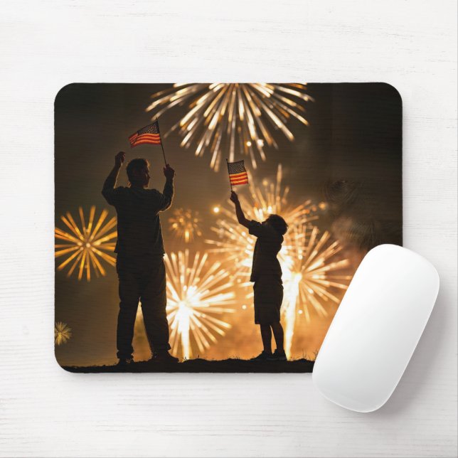 Boy and Dad With Flags and Fireworks Mouse Pad (With Mouse)