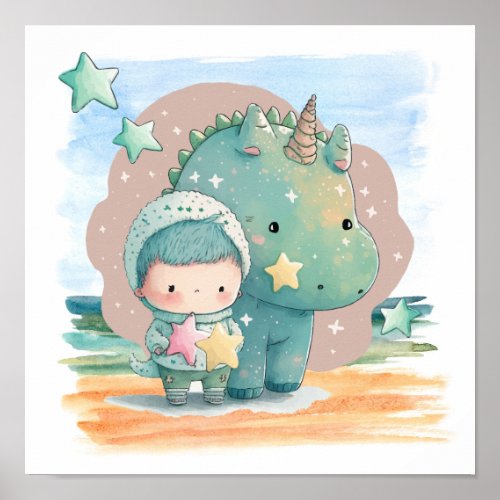 Boy And Dinosaur Friend Watercolor Nursery Poster