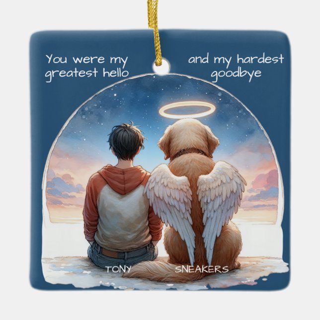 Boy and Dog Memorial  Ceramic Ornament (Front)