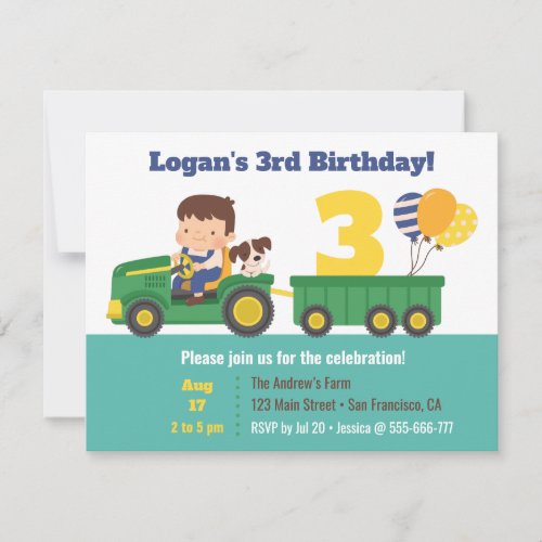 Boy and Dog on Tractor With Balloons Birthday Invitation