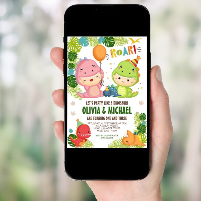 Boy and Girl Dinosaur Joint Birthday Invitation (Front Digital)