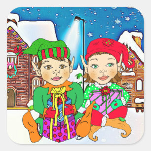 Boy and Girl Elves Christmas Square Sticker