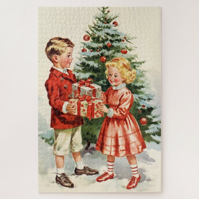 Boy and girl giving each other Christmas presents Jigsaw Puzzle (Vertical)