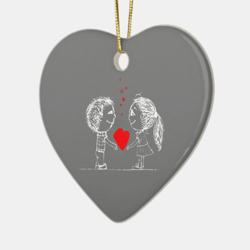 Boy and Girl Heart Add Photo Grey Valentines Day  Ceramic Ornament