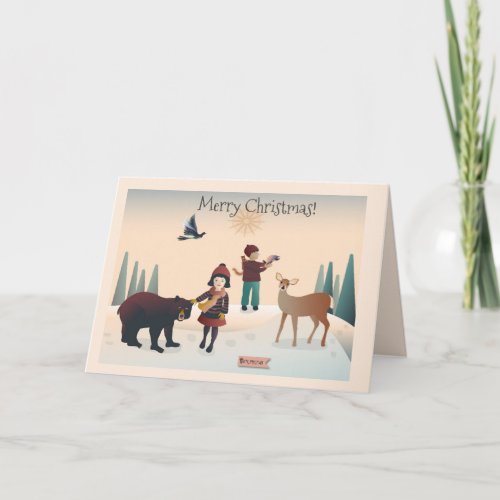 Boy and girl in forest with animals Christmas2 Card