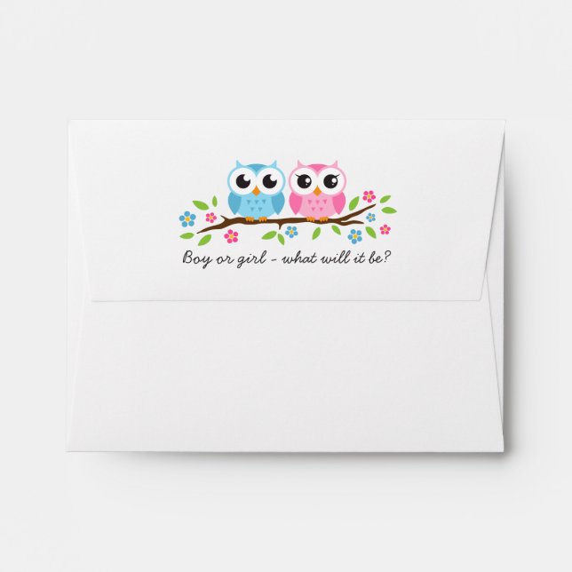 Boy and girl owls on floral branch gender reveal envelope (Back (Top Flap))