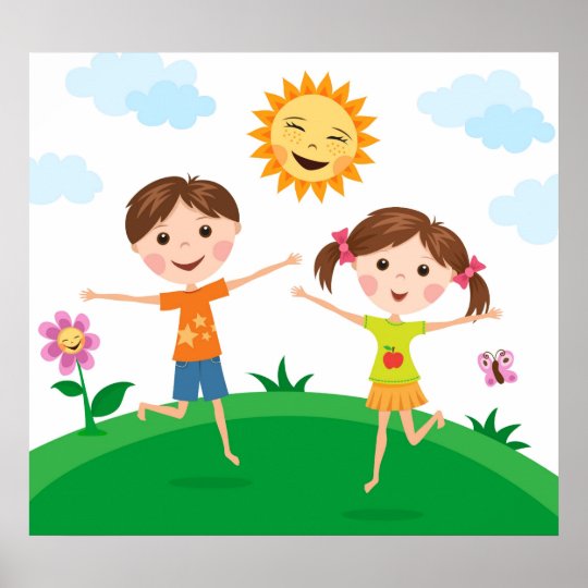 Boy and girl playing outside in the summer poster | Zazzle.com