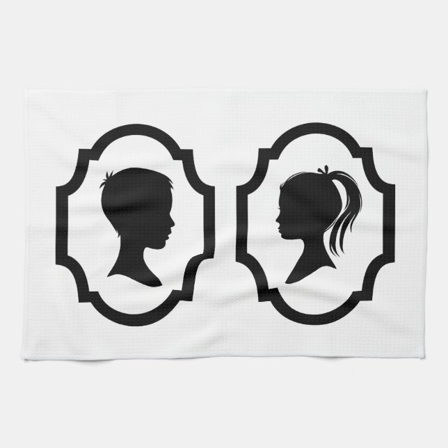 boy and girl silhouette in picture frame kitchen towel (Horizontal)