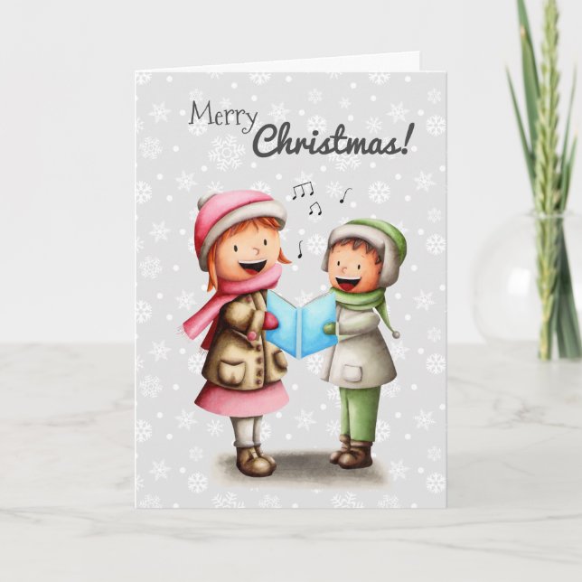 Boy and Girl Singing Carols Christmas Personalized Holiday Card (Front)