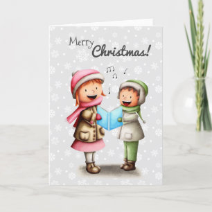 Boy and Girl Singing Carols Christmas Personalized Holiday Card