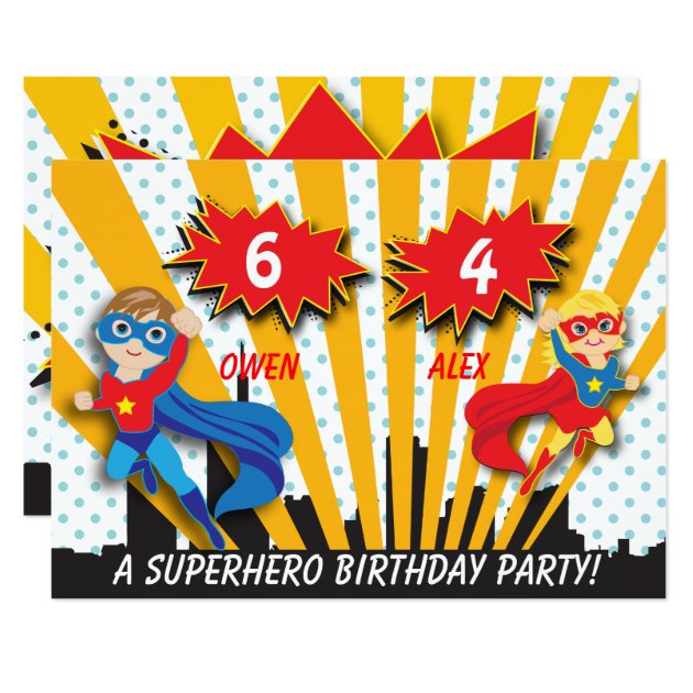 Boy And Girl Superhero Birthday Invitation