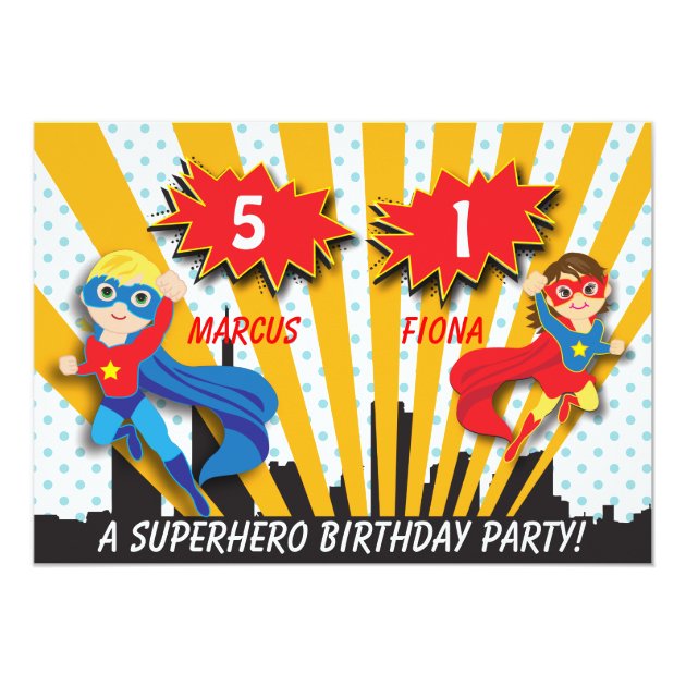 Boy And Girl Superhero Birthday Invitation