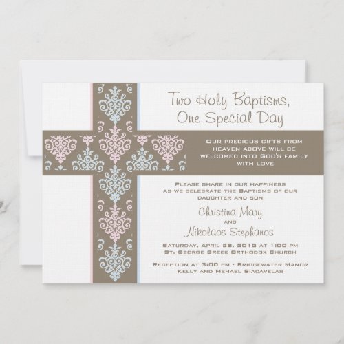 Boy and Girl Twin Christening  Invitation