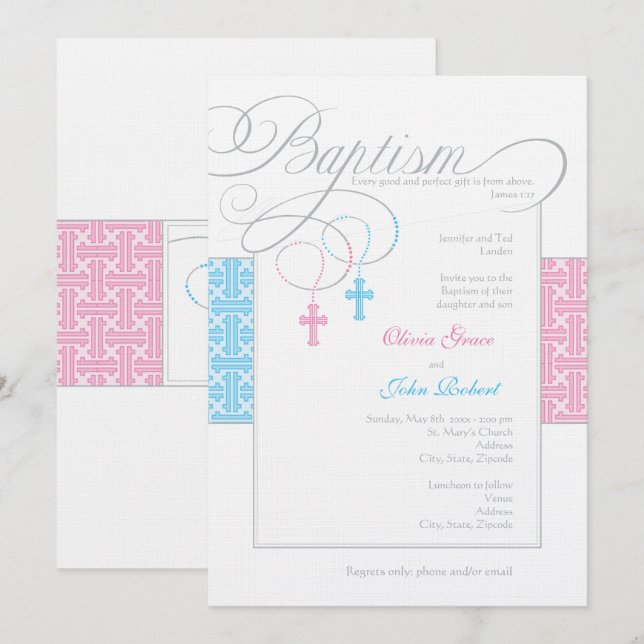 Boy and Girl Twins Baptism Invitation (Front/Back)