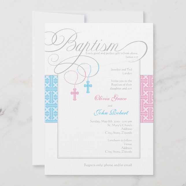 Boy and Girl Twins Baptism Invitation (Front)