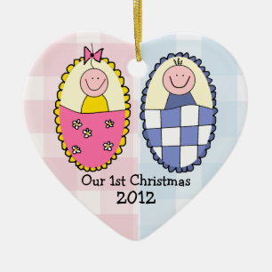 Boy and Girl Twins First Christmas Blue Pink Ceramic Ornament